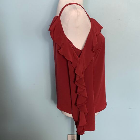 H&M Burgundy Ruffle Cold Shoulder Top Size 4 - Picture 5 of 9